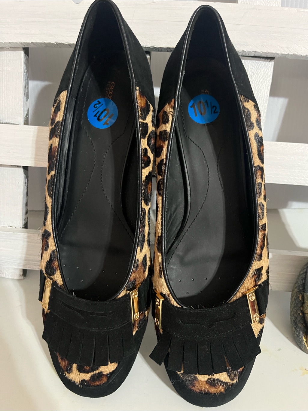 Geox Women’s Leopard Print Fringe Loafers - Black & Tan Nwot